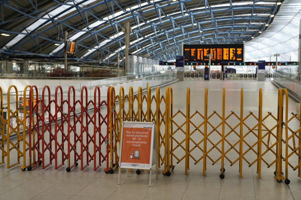 Transportation A sign states some platforms are closed during the industrial action at Waterloo railway station in London, Tuesday, June 21, 2022. Tens of thousands of railway workers walked off the job in Britain on Tuesday, bringing the train network to a crawl in the country’s biggest transit strike for three decades. (AP Photo/Matt Dunham)