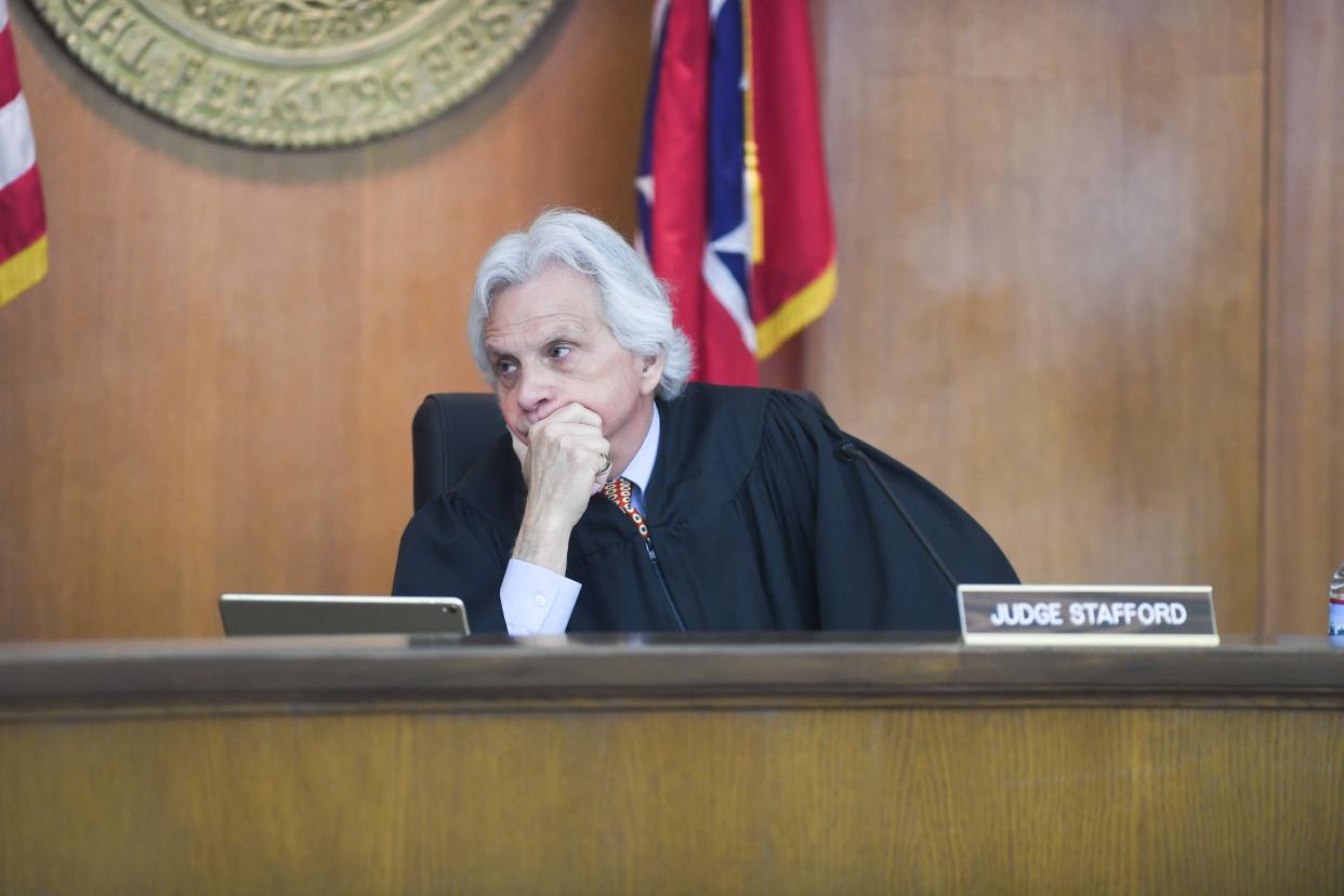 Judge Steven Stafford listens as fellow Judge Andy Bennett asks clarifying questions inside the Tennessee Court of Appeals in Jackson, Tenn., on Tuesday, April 9, 2024.