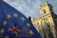 FILE PHOTO: A flag is seen outside the Houses of Parliament near the statue of former Prime Minister Winston Churchill in London