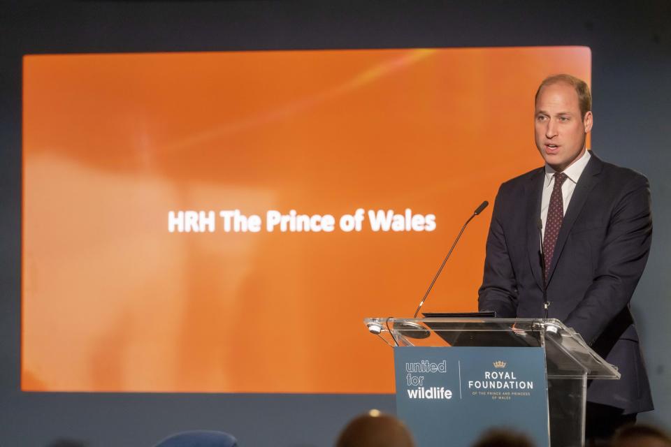 Britain's Prince William speaks at the United for Wildlife (UfW) Global Summit at the Science Museum in London, Tuesday, Oct. 4 2022. (Paul Grover/Pool Photo via AP)