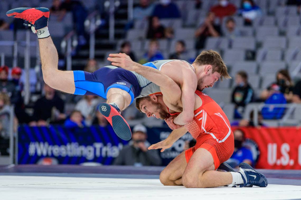 Former Nittany Lion Zain Retherford wrestles Joey McKenna in the 65 kilogram semifinals at the 2021 USA Wrestling Olympic Team Trials in Fort Worth, Texas, on April 2, 2021.