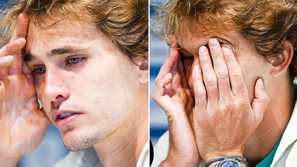 Alexander Zverev, pictured here despondent in his post-match press conference.