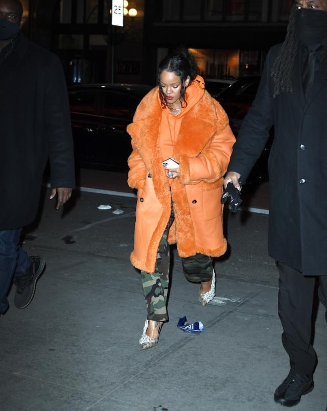 Rihanna Masterfully Elevates Her Hoodie and Camo Pants With Crystalized  Knife Pumps and Bold Orange Coat for Sephora Trip - Yahoo Sports