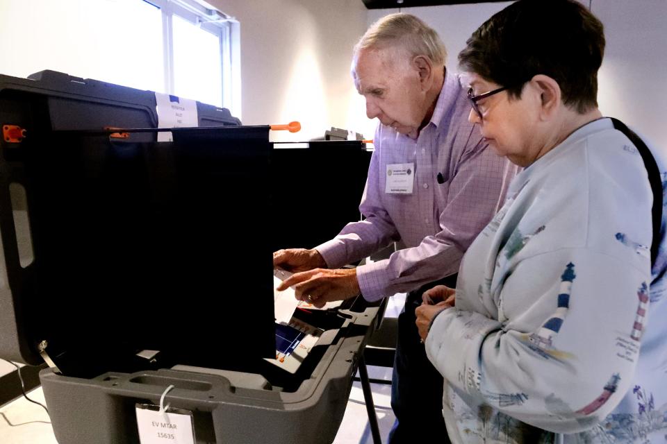 Carl McKnight shows Rita Wagonseller the new voting machine as he sets it up and goes over the new procedure during early voting at Middle Tennessee Association of Realtors on Wednesday, Feb. 21, 2024.