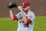 St. Louis Cardinals relief pitcher Austin Gomber collects himself on the mound after giving up a three-run home run to Pittsburgh Pirates' Gregory Polanco during the fourth inning of a baseball game in Pittsburgh, Thursday, Sept. 17, 2020. (AP Photo/Gene J. Puskar)