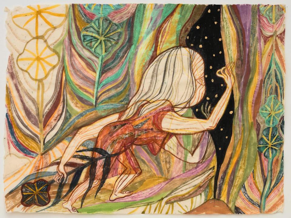 <p>“This drawing, of an elderly woman exploring the natural world and finding portals to other dimensions, is part of a developing visual narrative in my work, where the protagonist with the most agency is an elderly woman. She’s perceived as a lone future survivor who has to rely on her wits and wisdom to formulate new ways of living. This narrative seems to be especially poignant in our current situation. It’s not only a story of an individual contending with a world where everything they once took for granted has been stripped away, forcing them to acquire new knowledge and forge more sustainable relationships with nature, but it also focuses on the elderly and their role and status in society. In lockdown, we’ve all been able to reconsider what we value.”</p>