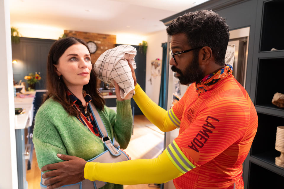 Aisling Bea and Romesh Ranganathan star in Avoidance. (BBC)