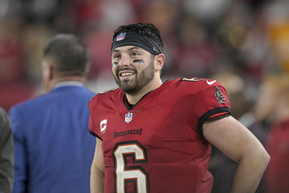 Tampa Bay Buccaneers quarterback Baker Mayfield reacts during the second half of an NFL wild-card playoff football game against the Philadelphia Eagles, Monday, Jan. 15, 2024, in Tampa, Fla. The Buccaneers won 32-9. (AP Photo/Phelan M. Ebenhack)