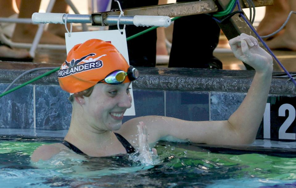 Lake Wales junior Mary Leigh Hardman reacts after competing in the 200 medley relay on Saturday at the 2022 Polk County Swimming and Diving Championships.