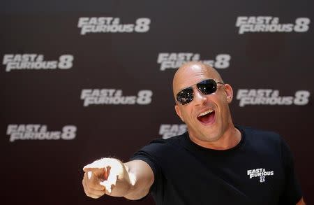 Actor Vin Diesel reacts as he poses during a photocall to promote his film "Fast & Furious 8" in Madrid, Spain April 6, 2017. REUTERS/Sergio Perez/Files