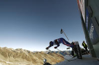 France's Mathieu Faivre starts during an alpine ski, men's World Cup giant slalom, in Soelden, Austria, Sunday, Oct. 24, 2021. (AP Photo/Gabriele Facciotti)