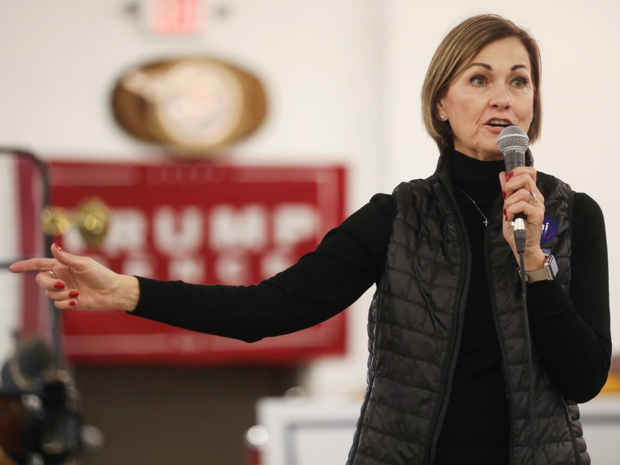 DAVENPORT, IOWA - OCTOBER 31: Iowa Gov. Kim Reynolds speaks at a campaign event for Senate candidate Sen. Joni Ernst (R-IA) at Dahl Auto Museum as part of Ernst's RV tour of Iowa on October 31, 2020 in Davenport, Iowa. Republican incumbent Ernst is in a tight race with Democratic challenger Theresa Greenfield in the upcoming general election on November 3rd. (Photo by Mario Tama/Getty Images)