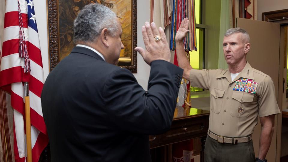 Gen. Eric Smith is sworn in as the 39th Marine commandant by Secretary of the Navy Carlos Del Toro, Sept. 22, 2023, in the Pentagon. (Marine Corps)