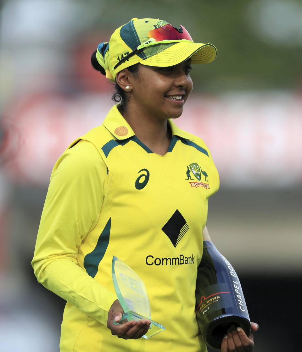 Player of the match Australia's Alana King with her trophy after the second one day international cricket match of the Women's Ashes Series at the Ageas Bowl, in Southampton, England, Sunday, July 16, 2023. (Bradley Collyer/PA via AP)