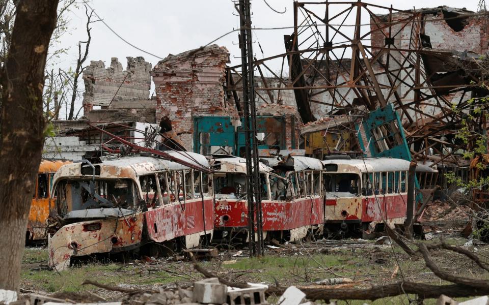 Destroyed trams are seen in a depot during Ukraine-Russia conflict in the southern port city of Mariupol - Alexander Ermochenko/Reuters