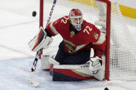 Florida Panthers goaltender Sergei Bobrovsky defends the goal during the first period of Game 4 of the team's NHL hockey Stanley Cup Eastern Conference finals against the Carolina Hurricanes, Wednesday, May 24, 2023, in Sunrise, Fla. (AP Photo/Lynne Sladky)
