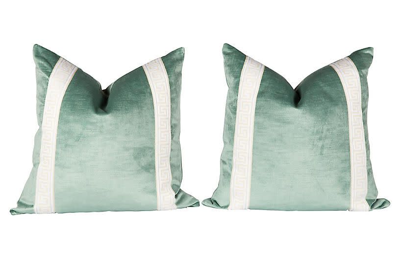 19) Seafoam Greek Key Velvet Pillows, Pair