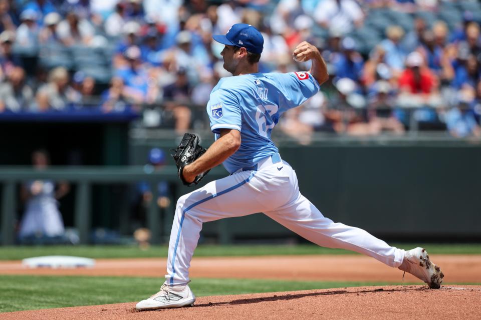 Kansas City Royals pitcher Seth Lugo (67) pitches against the Cleveland Guardians on Sunday in Kansas City, Missouri.