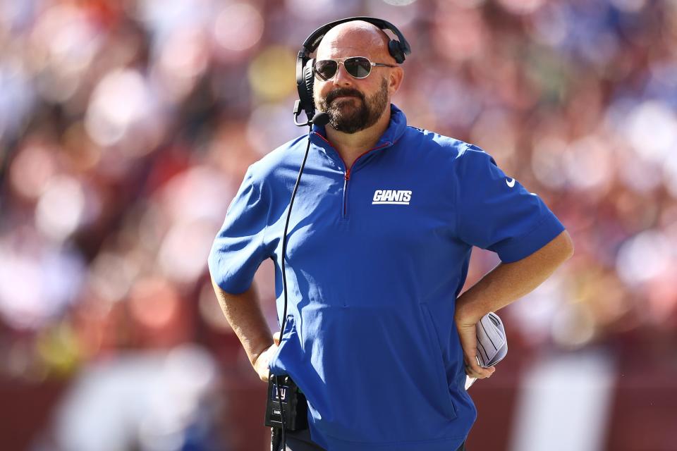 LANDOVER, MARYLAND - SEPTEMBER 15: Head coach Brian Daboll of the New York Giants looks on during the fourth quarter of a game against the Washington Commanders at Northwest Stadium on September 15, 2024 in Landover, Maryland. (Photo by Tim Nwachukwu/Getty Images)