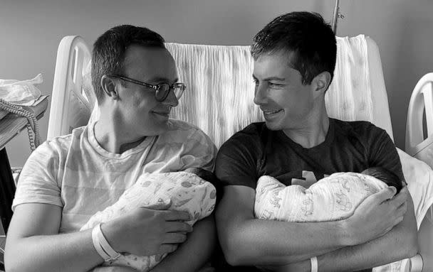 PHOTO: Pete Buttigieg (r) and husband Chasten announced the expansion of their family with the arrivals of babies Penelope Rose and Joseph August via Twitter, Sept. 4, 2021. (@PeteButtigieg/Twitter)