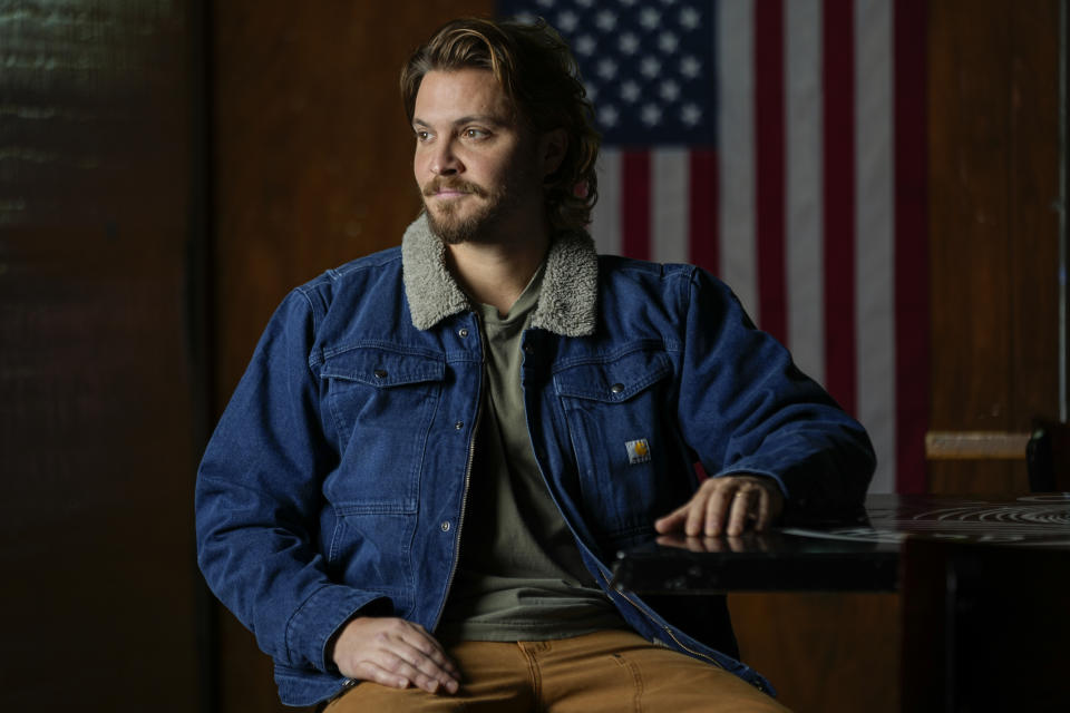 Actor-singer Luke Grimes poses for a portrait Tuesday, Feb. 20, 2024, in Nashville, Tenn. Grimes, best-known for his portrayal of the complex cowboy character Kayce Dutton on the hit show “Yellowstone,” will release his self-titled debut album on Friday. (AP Photo/George Walker IV)