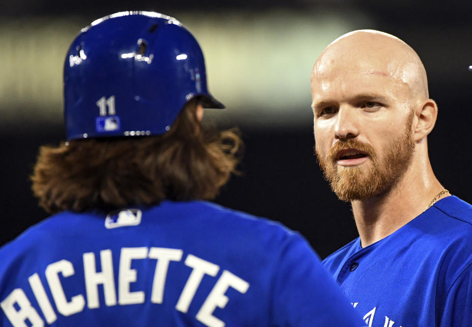 BALTIMORE, MD - AUGUST  2: Toronto Blue Jays right fielder Derek Fisher (20) talks with shortstop Bo Bichette (11) in the ninth inning during the game between the Toronto Blue Jays and the Baltimore Orioles on August 2, 2019, at Orioles Park at Camden Yards in Baltimore, MD.  (Photo by Mark Goldman/Icon Sportswire via Getty Images)