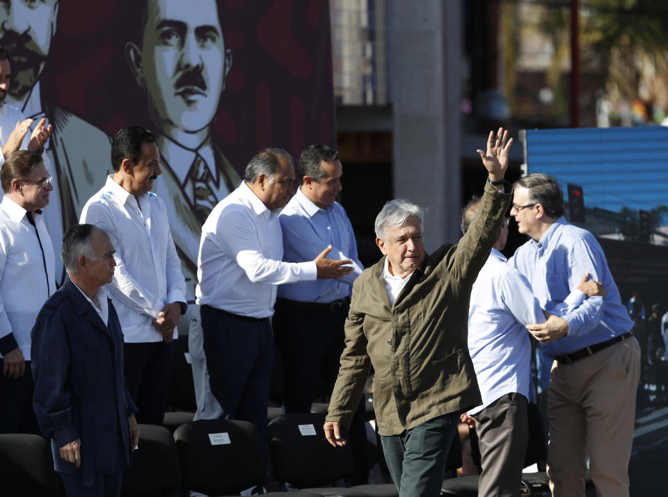Mexican President Andres Manuel Lopez Obrador arrives at a rally in Tijuana, Mexico, Saturday, June 8, 2019. The event was originally scheduled as an act of solidarity in the face of President Donald Trump's threat to impose a 5% tariff on Mexican imports if it did not stem the flow of Central American migrants heading toward the U.S. But Mexican and U.S. officials reached an accord Friday that calls on Mexico to crackdown on migrants in exchange for Trump backing off his threat. (AP Photo/Eduardo Verdugo)