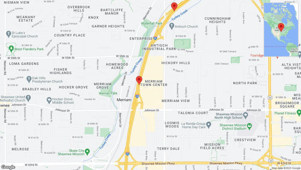 A detailed map that shows the affected road due to 'Crash reported on northbound I-35 in Shawnee' on December 23rd at 6:05 p.m.
