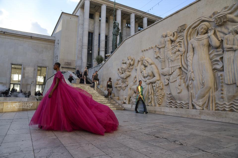 A model wears a creation for the Rick Owens ready-to-wear Spring/Summer 2023 fashion collection presented Thursday, Sept. 29, 2022 in Paris. (AP Photo/Francois Mori)