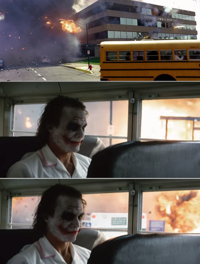 The Joker sitting on the bus as the hospital explodes