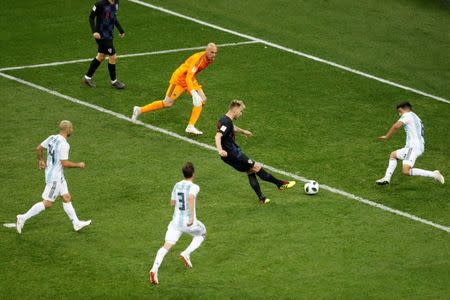 Soccer Football - World Cup - Group D - Argentina vs Croatia - Nizhny Novgorod Stadium, Nizhny Novgorod, Russia - June 21, 2018 Croatia's Ivan Rakitic scores their third goal REUTERS/Carlos Barria