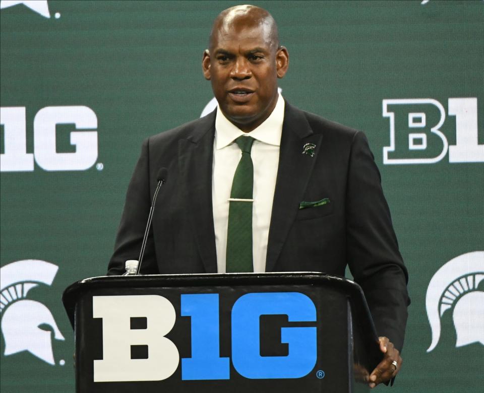 Michigan State coach Mel Tucker speaks to the media during the Big Ten media days in Indianapolis on Friday, July 23, 2021.