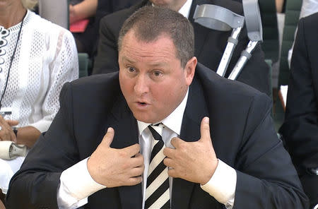 Mike Ashley, founder of sports clothing retailer Sports Direct gives evidence to the business, skills and innovation parliamentary select committee in Westminster, London, Britain, June 7, 2016. Parliament TV/Handout via REUTERS