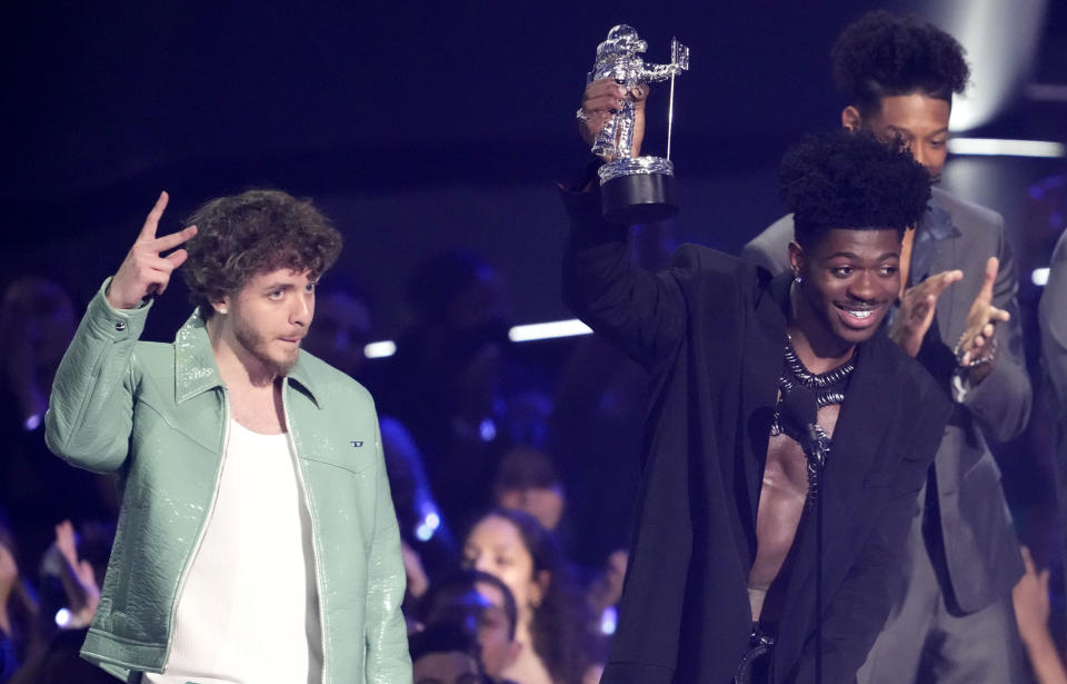 Jack Harlow, left, and Lil Nas X accept the award for best collaboration for "Industry Baby" at the MTV Video Music Awards at the Prudential Center on Sunday, Aug. 28, 2022, in Newark, N.J. (Photo by Charles Sykes/Invision/AP)