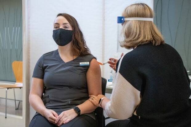 Halifax nurse Danielle Sheaves receives the first COVID-19 vaccination given in Nova Scotia on Dec. 16, 2020. 