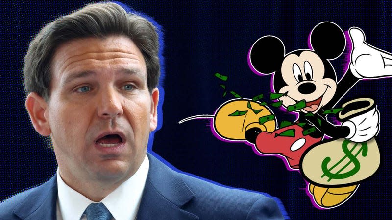 Ron DeSantis watches as Mickey Mouse runs away carrying a big bag of cash. 