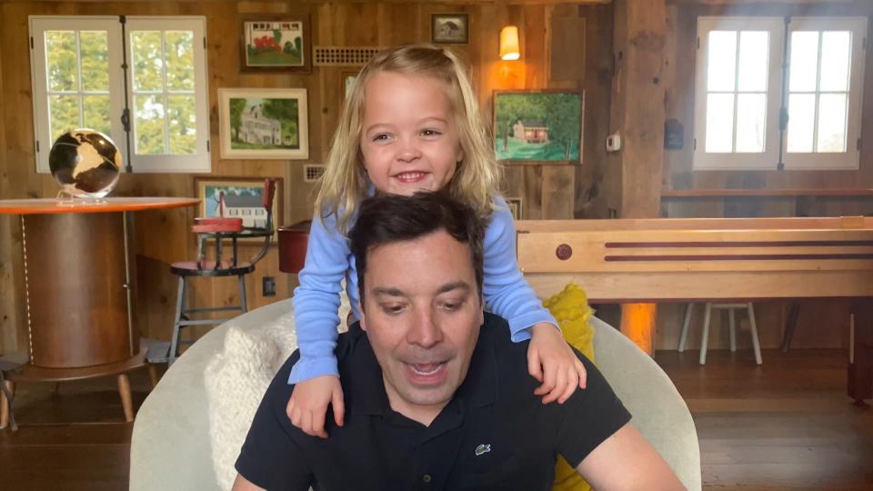 Jimmy Fallon seen taping "The Tonight Show At Home" with his daughter, Frances.