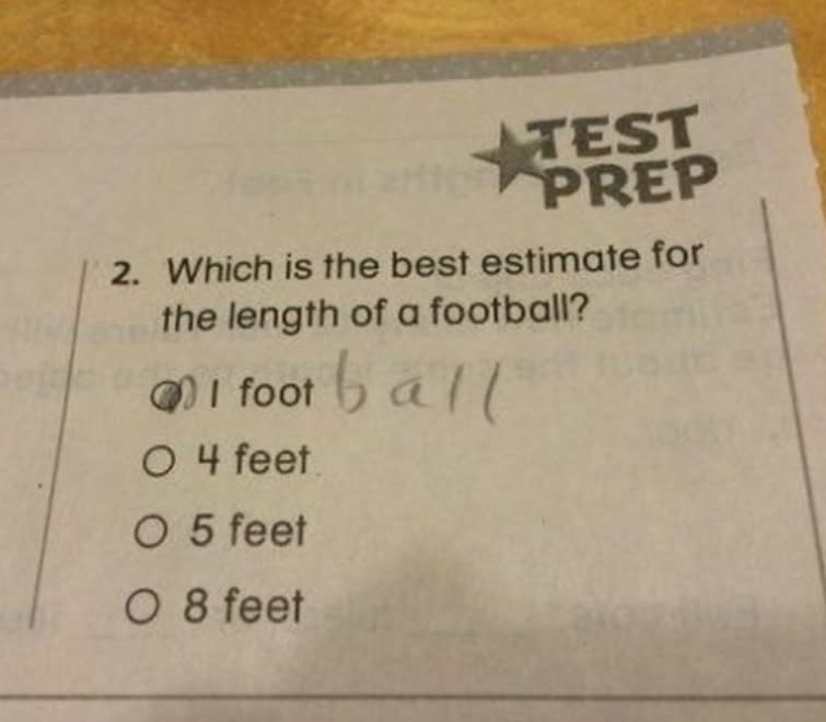 A test prep question asks for the best estimate of a football's length. Options: 1 foot, 4 feet, 5 feet, 8 feet. "1 football" is handwritten next to the question