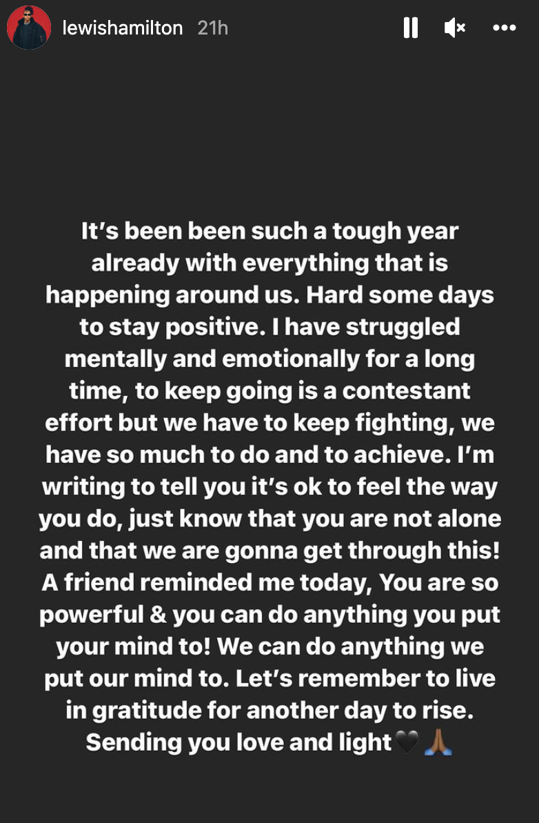 Lewis Hamilton's Instagram story outlining his mental health struggles. 