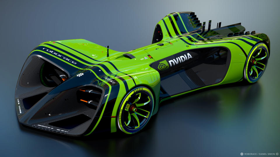 A futuristic race car, decked out in NVIDIA's logo and green-and-black stripes.