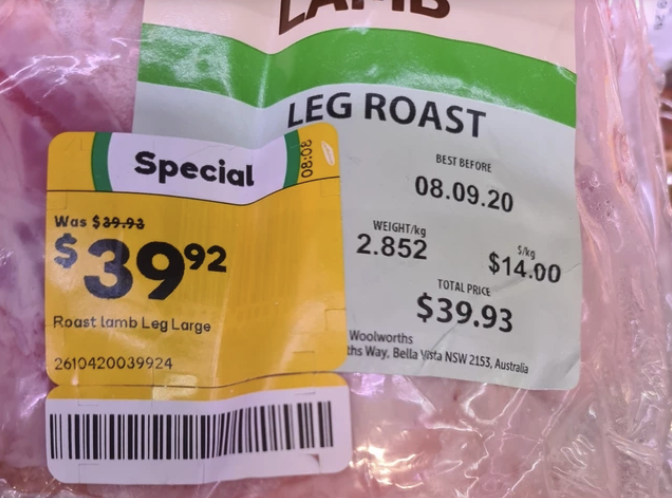 The special price of a leg of lamb in Woolworths has raised a few eyebrows. Source: Reddit/irrigated_liver