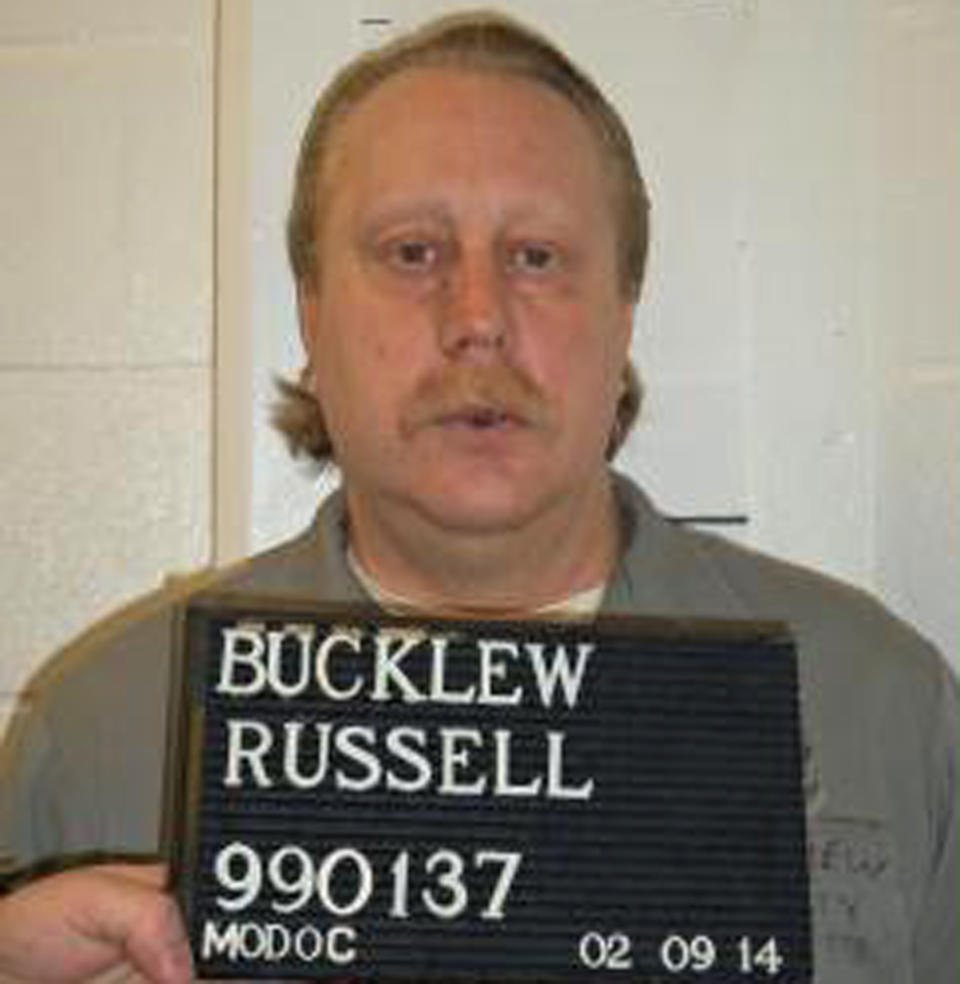 FILE - This undated file photo provided by the Missouri Department of Corrections shows Russell Bucklew. Bucklew is scheduled to die by injection Oct. 1, 2019 for killing a southeast Missouri man during a violent crime rampage in 1996. Bucklew suffers from a rare medical condition that causes blood-filled tumors in his head, neck and throat, and he had a tracheostomy tube inserted in 2018. His attorneys say he faces the risk of a "grotesque execution process." Missouri Gov. Mike Parson, who is considering clemency in the execution for tomorrow. (Missouri Department of Corrections via AP File)