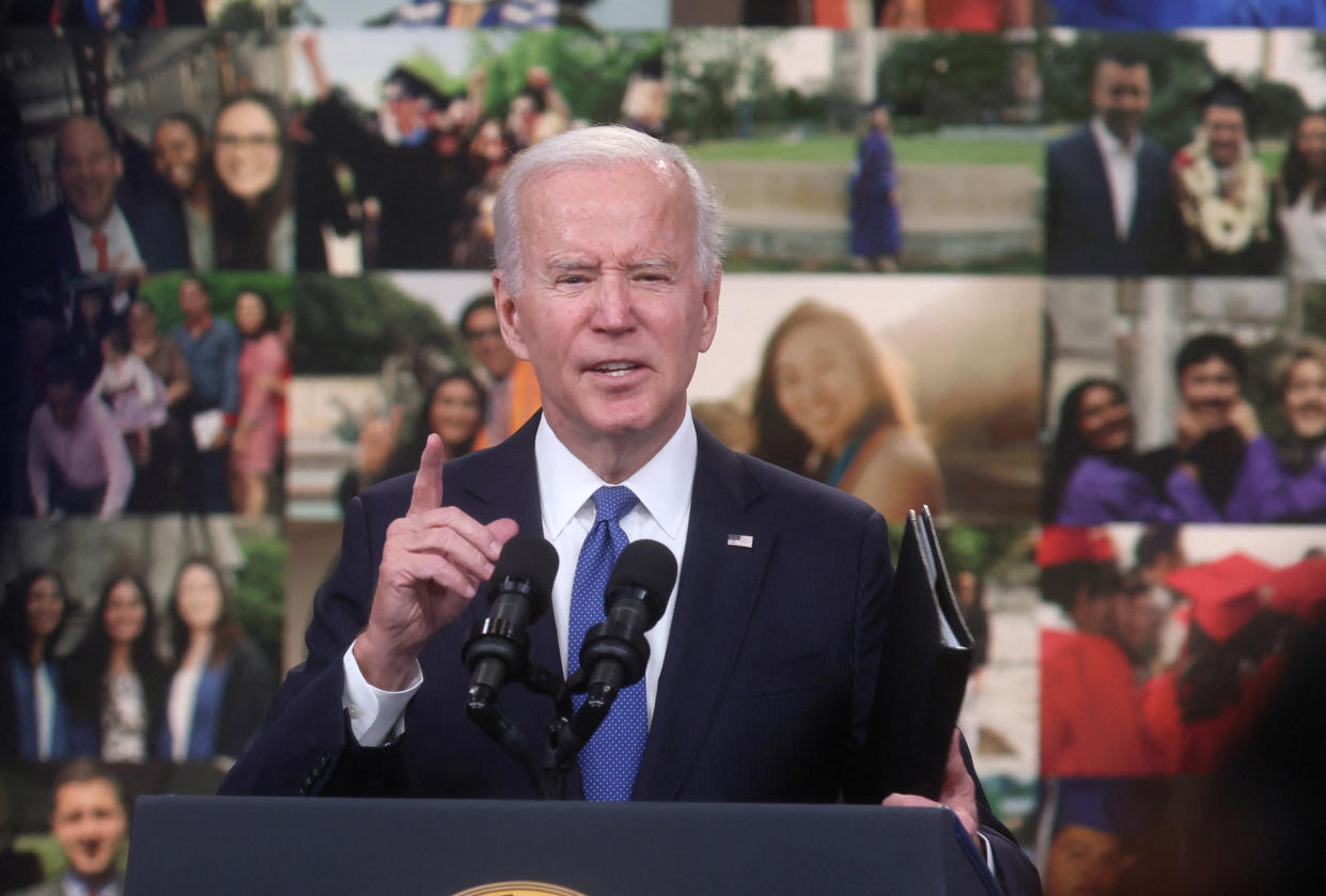 U.S. President Joe Biden delivers remarks about the student loan forgiveness program from an auditorium on the White House campus in Washington, U.S., October 17, 2022. REUTERS/Leah Millis