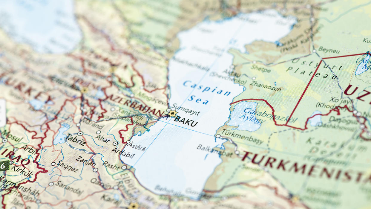 Map of Caspian Sea, focus on Baku, Azerbaijan, and the surrounding area