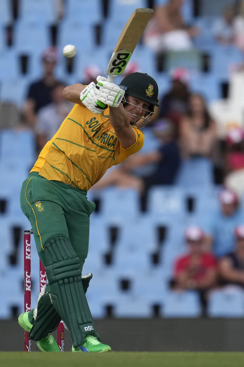 South Africa's batsman David Miller plays a shot during the second T20 cricket match between South Africa and West Indies, at Centurion Park, in Pretoria, South Africa, Sunday, March 26, 2023. (AP Photo/Themba Hadebe)