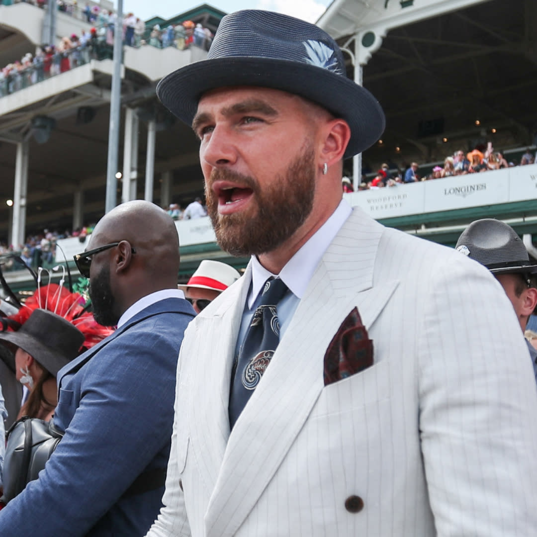  Travis Kelce Celebrates Winning Bet During Solo-Appearance at the Kentucky Derby . 