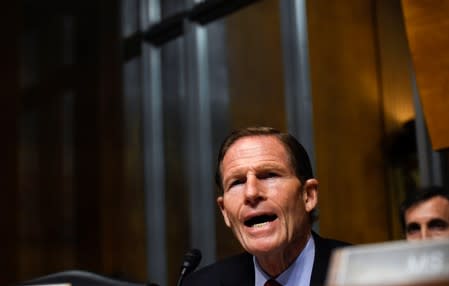 Senator Blumenthal questions U.S. Attorney General Barr as he testifies at Senate Judiciary hearing on Capitol Hill in Washington