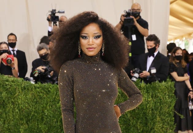 Closeup of Keke Palmer in a long-sleeved sequined gown