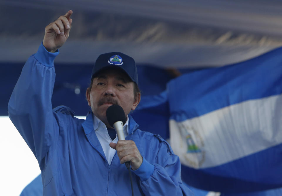 The President of Nicaragua Daniel Ortega speaks during a rally in Managua, Nicaragua, Wednesday, Sept. 5, 2018. The United States warned the Security Council on Wednesday that Nicaragua is heading down the path that led to conflict in Syria and a crisis in Venezuela that has spilled into the region, but Russia, China and Bolivia said Nicaragua doesn't pose an international threat and the U.N. should butt out. (AP Photo/Alfredo Zuniga)