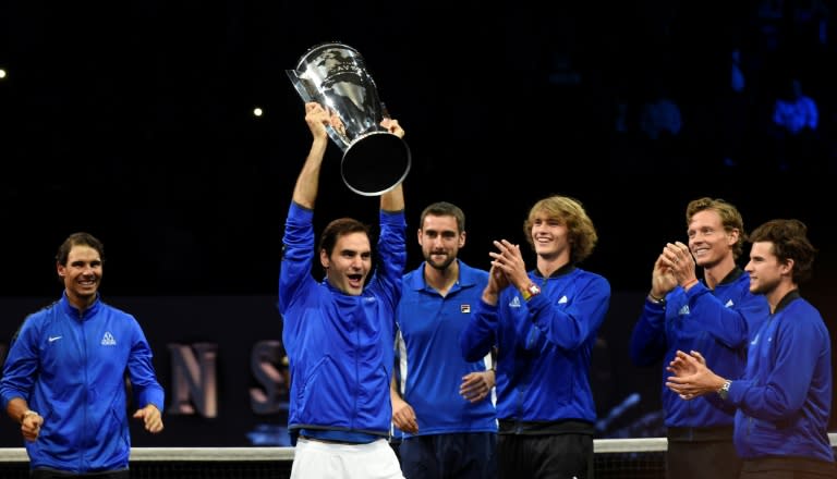 Roger Federer of Team Europe and his teammates celebrate with the Laver Cup trophy on September 24, 2017 in O2 Arena, in Prague